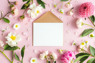 Obraz premium Wedding invitation or greeting card mockup with flowers on a pink background