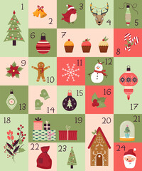 Advent calendar with surprise cards. Christmas story. Christmas tree and gingerbread men. Gingerbread house and Santa. Bag with gifts and balloons. Vector. Flat style.