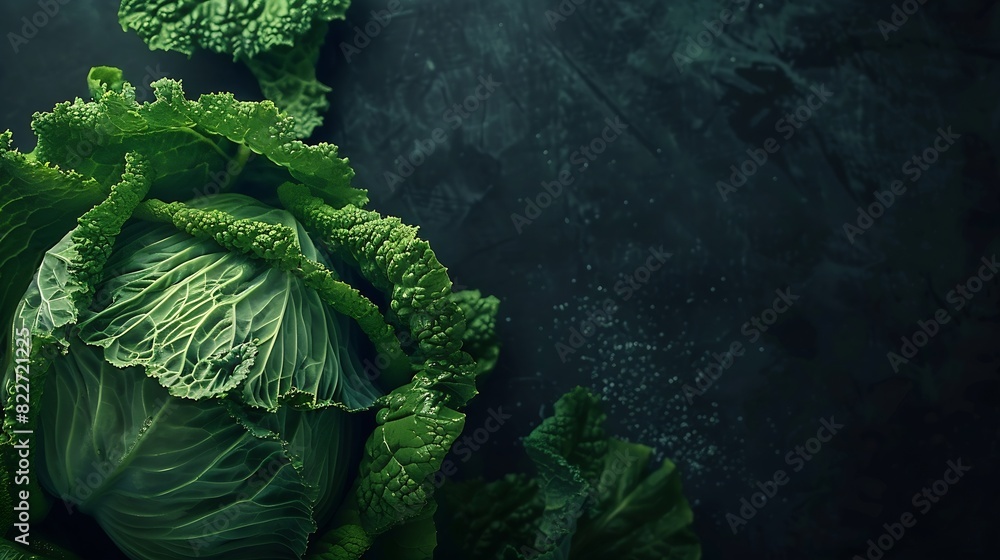 Poster Raw fresh green cabbage texture and background top view over dark background selective focus : Generative AI