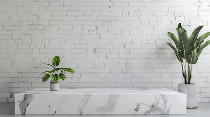 Empty marble podium on bathroom table before white brick wall : Generative AI