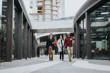 Three professionals discuss strategies while walking through an urban business district.