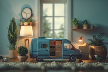 Modern compact camper van interior with cozy living space and plants, showcasing innovative tiny home on wheels, suitable for adventurous travels