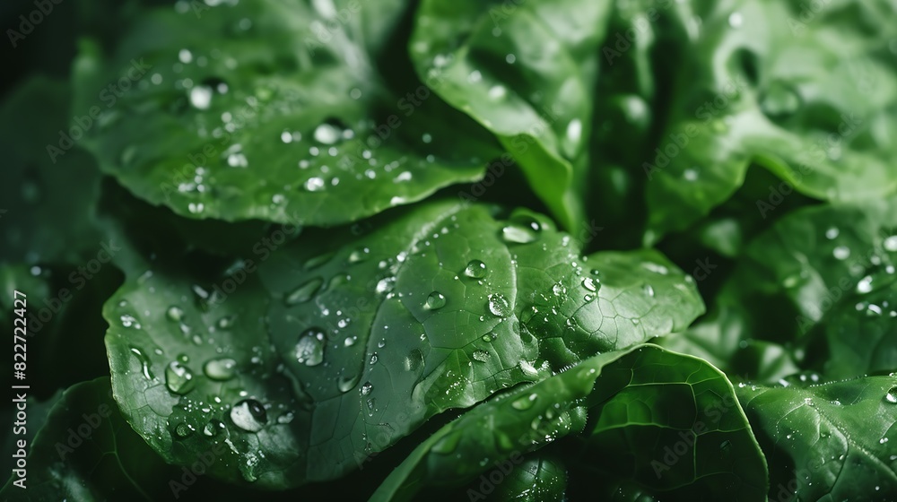 Poster closeup macro view of fresh green lettuce leaves with water drops high resolution : generative ai