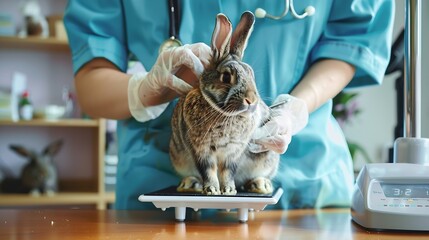 Veterinarians in blue uniforms conduct a routine examination of a domestic ornamental rabbit weighing on scales in the office of a modern veterinary clinic Treatment and vaccination of : Generative AI