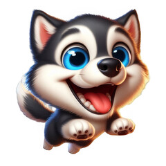 Obraz premium Funny and playful husky or pet dog is playing and jumping and looks happy isolated on transparent background. Little husky dog pretending. Cute and happy crazy dog ​​head smiling on transparent png
