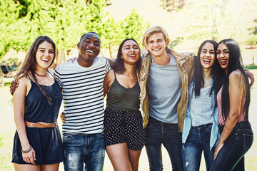 Diversity, group portrait and happy friends at park together for support, care or solidarity in...