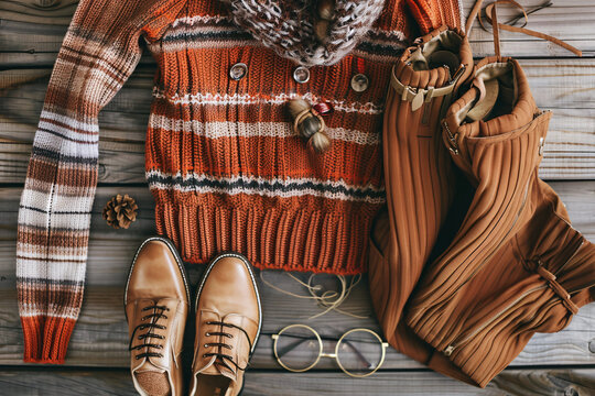 Fashionable outfit flat lay with clothing accessories