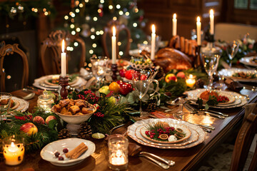 Fototapeta premium Festive holiday table setting with candles decorations