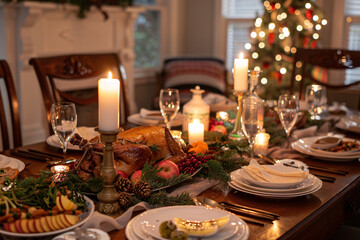 Festive holiday table setting with candles decorations