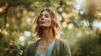 A woman practicing mindfulness by focusing on each step she takes fully present and in tune with her surroundings as she walks in the park.