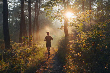 Fitness enthusiast running on a trail through a forest
