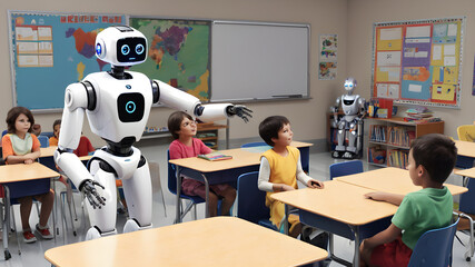 A robot teaching children in a classroom setting. Generative AI