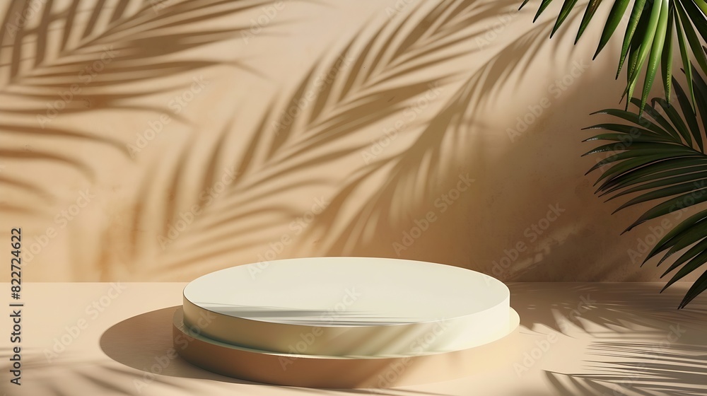 Aufkleber beige background for product presentation with shadow of tropical palm leaves and light podium stage