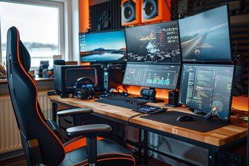 High-tech workspace with multiple monitors ergonomic