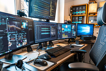 Naklejka premium High-tech workspace with multiple monitors ergonomic