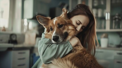 Young woman veterinarian hold a dog pet in clinic : Generative AI