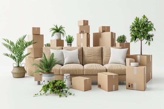 House surrounded by moving boxes and a truck, representing the busy process of relocating to a new home