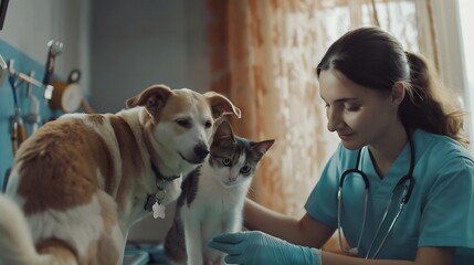 Vet doctor examining dog and cat at the animal clinic : Generative AI