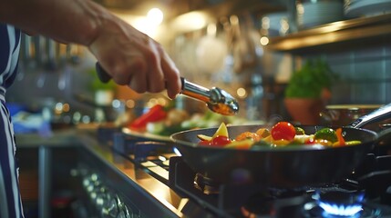 Close up of a chefs hand cooking and preparing fine dining meals Food prepping in the kitchen :...