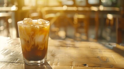 Glass of a iced coffee with cream milk Cold brew coffee drink with ice Early morning sun light Copy space : Generative AI