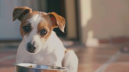 cute small jack russell dog at home waiting to eat his food in a bowl Pets indoors : Generative AI
