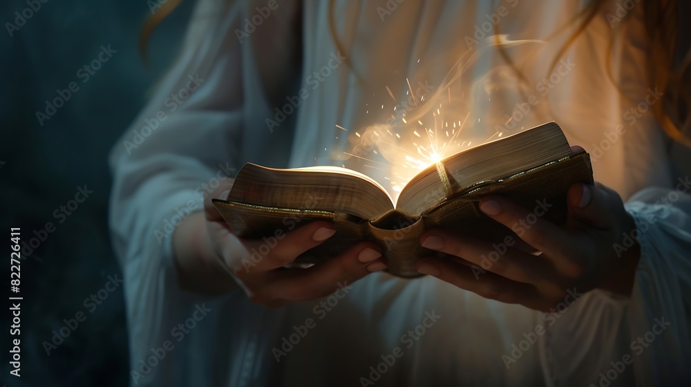 Poster light coming from book in womans hands in gesture of giving offering concept of wisdom religion read