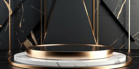  Abstract platform Art deco banner Minimalist mockup render copy podium 3D podium pedestal gold copper rim frame Hand geometric shapes Black background product promotion