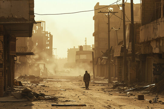 Post-apocalyptic landscape with crumbling buildings