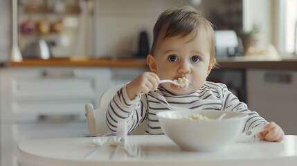 One year old hungry baby girl in striped casual clothes sits at white table in highchair and eats porridge herself with spoon Blurred dining room background Healthy eating for kids Chi : Generative AI - Powered by Adobe