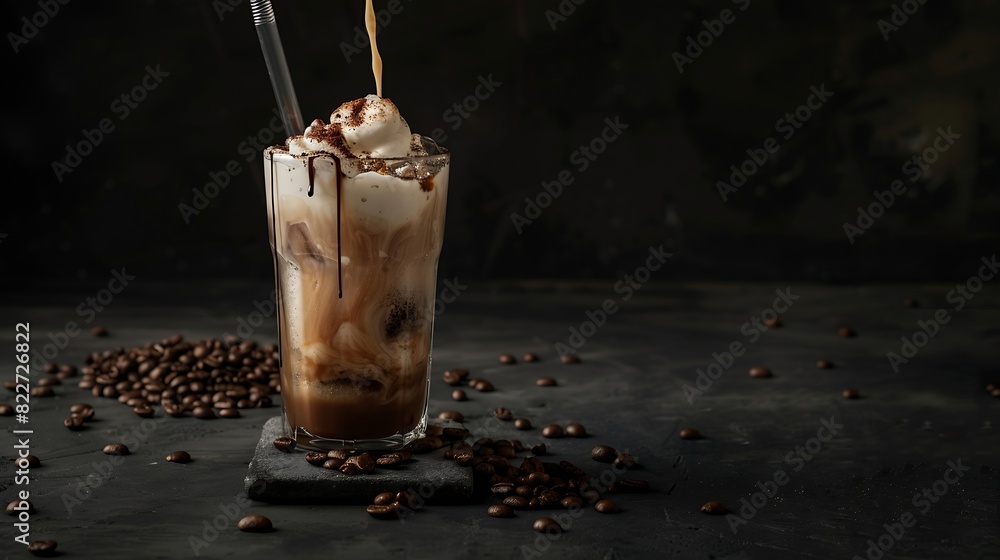 Poster Ice coffee in a tall glass with cream poured over ice cubes and beans on a dark concrete table Cold summer drink with tubes on a black background with copy space : Generative AI
