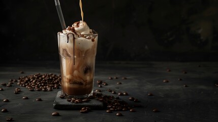Ice coffee in a tall glass with cream poured over ice cubes and beans on a dark concrete table Cold summer drink with tubes on a black background with copy space : Generative AI