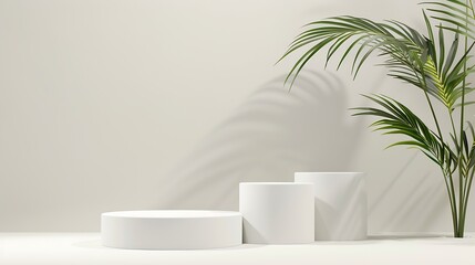 Three varying height white podiums complemented by a palm leaf on a neutral background ideal for product display : Generative AI