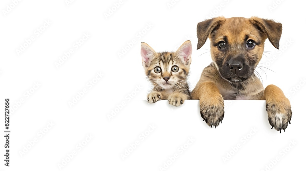 Poster pets store concept puppy dog and pet cat together showing a placard display isolated on white backgr
