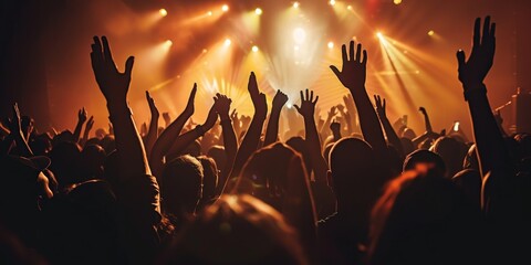 concert music live crowd raised hands gig audience act worshipful backlight band celebration