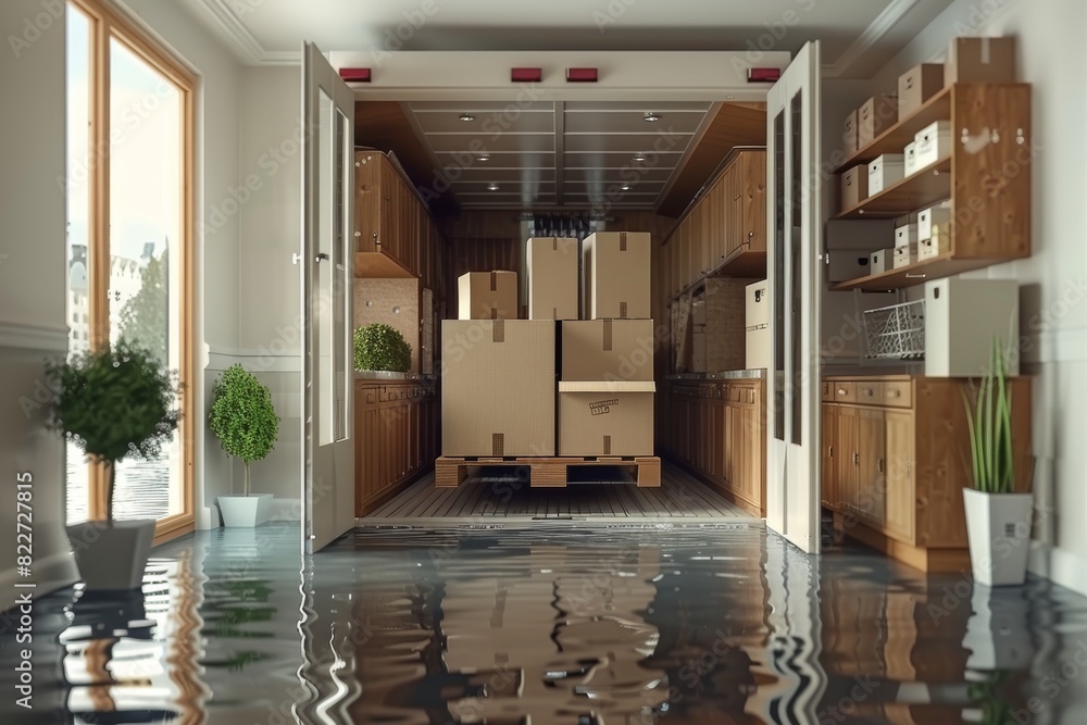 Poster cutaway view of a mobile home with packed boxes, representing efficient space utilization and modern