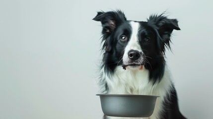 Border collie dog sitting home with empty iron bowl in his teeth on white background : Generative AI
