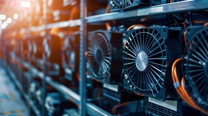 Close-Up of Powerful Cooling Fans in Mining Data Center