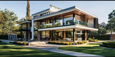 Obraz premium Modern luxury minimalist cubic house, villa with glass walls and landscaping design front yard.