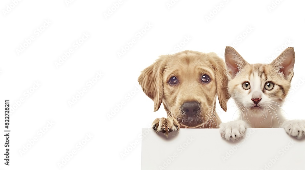 Poster pets store concept puppy dog and pet cat together showing a placard display isolated on white backgr