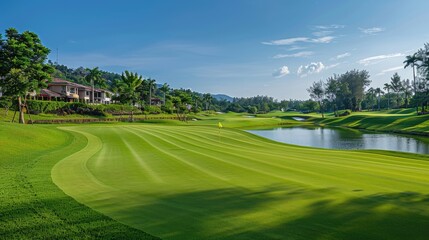 green manicured lawn, green grass field of golf course landscape in the morning sunrise.