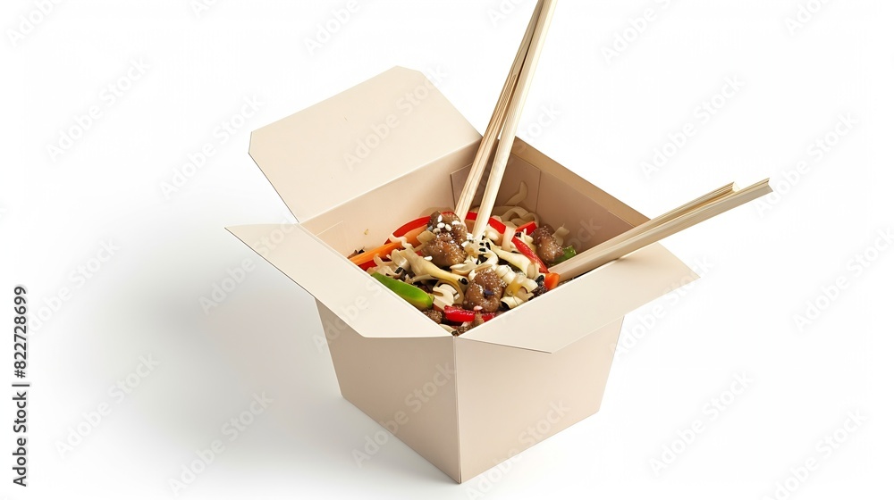 Poster closed wok paper box with food and chopsticks isolated on white background asian fast food concept :
