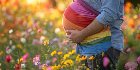 Inclusive pregnancy. Expectant heavily pregnant transgender man cradling growing bump with rainbow flag at pride month
