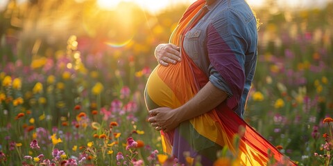 Inclusive pregnancy. Expectant heavily pregnant transgender man cradling growing bump with rainbow flag at pride month
