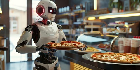Waitress robot assistant with pizza in cafe.