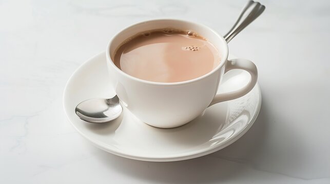 hot drink milk tea  milo  kopi coffee with milk in white cup and tea spoon and small plate in white background beverage halal drink food vegan menu for cafe : Generative AI