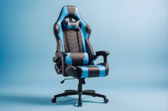 A blue and black gaming chair on a light blue background.