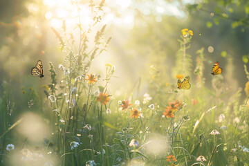 Sunlit meadow with wildflowers butterflies