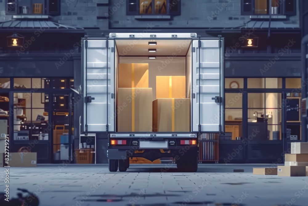 Poster modern loading dock with truck and boxes, highlighting the efficiency and precision in logistics and