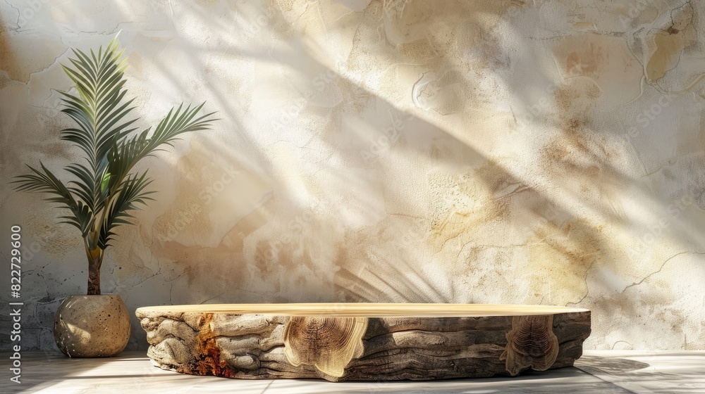Poster a wooden table with a palm tree in front of it. the table is empty and the palm tree is the only obj