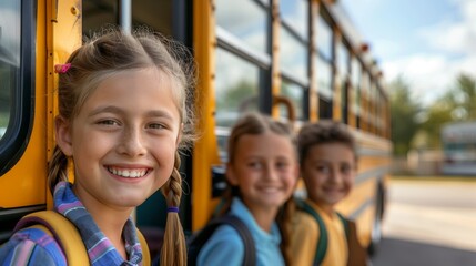 Obraz premium Back to school, Smiling little schoolgirl getting into the school-bus